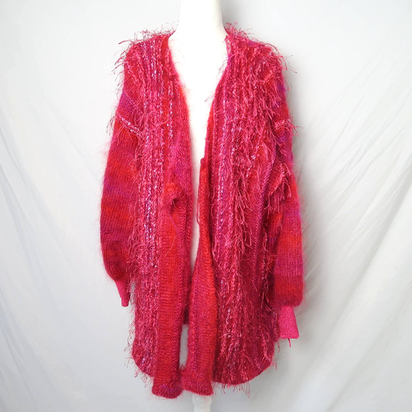 Vintage Sweaters - Vintage 80s hot pink and pink mohair angora wool fur shag knit cardigan sweater